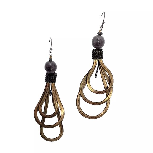 Goldtone & Black Drop Dangle Pierced Earrings - Picture 3 of 3